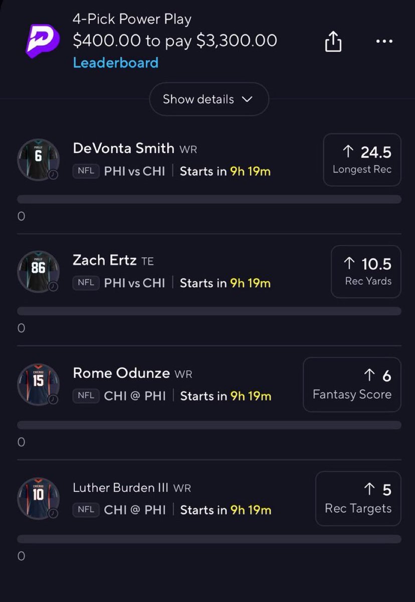 BiggestShy's tweet photo. 🔥🏈 4-PICK POWER PLAY 🔥
💰 $400 → $3,300

1️⃣ DeVonta Smith — ⬆️ 24.5 Longest Reception
2️⃣ Zach Ertz — ⬆️ 10.5 Receiving Yards
3️⃣ Rome Odunze — ⬆️ 6 Fantasy Score
4️⃣ Luther Burden III — ⬆️ 5 Receiving Targets

🎯 4 PICKS • $3,300 MAX PAYOUT

#NFL #NFLPicks #PowerPlay https://t.co/Wrth06DIpC
