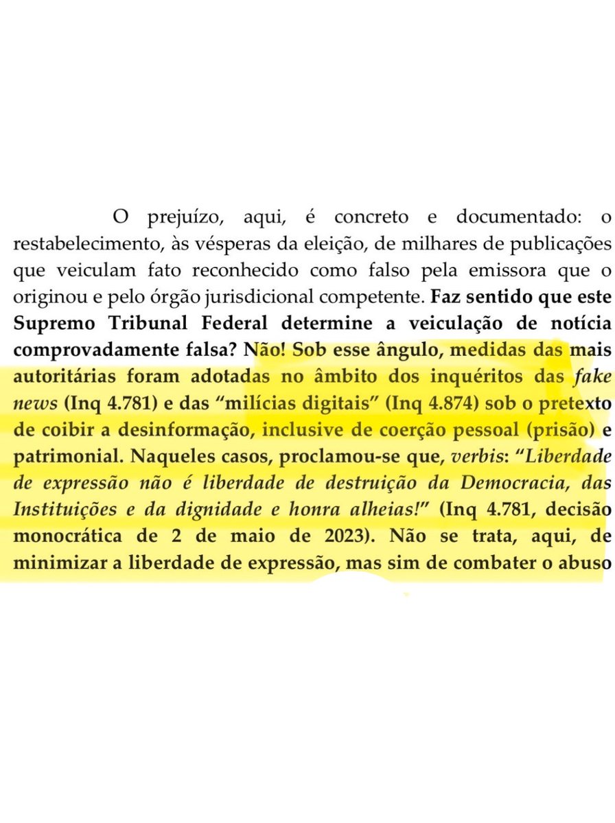 Pri_usabr1's tweet photo. FUX CITA ALEXANDRE DE MORAES AO SUSPENDER DINO.

Na decisão, Fux relembra que, nos inquéritos das “fake news” e das “milícias digitais”, foram adotadas medidas que ele classifica como “das mais autoritárias”, inclusive prisão e coerção patrimonial.

E resgata uma frase de Moraes:

“Liberdade de expressão não é liberdade de destruição da Democracia, das Instituições e da dignidade e honra alheias!”