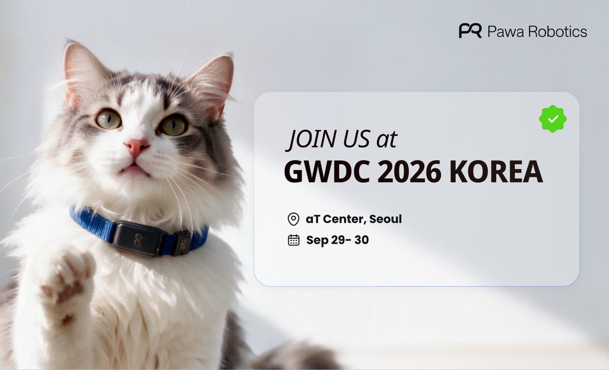 pawa_sci's tweet photo. GM Seoul! 🇰🇷

Pawa Robotics is proud to sponsor GWDC 2026 Korea — where the next wave of Web3 builders comes together.

Come see how the Proactive Vitality OS connects real-world pet vitals data to on-chain rewards!
📍 aT Center, Seoul
📅  Sept 29–30

See you there. 🐾 #GWDC2026 https://t.co/SjpffnXSpT