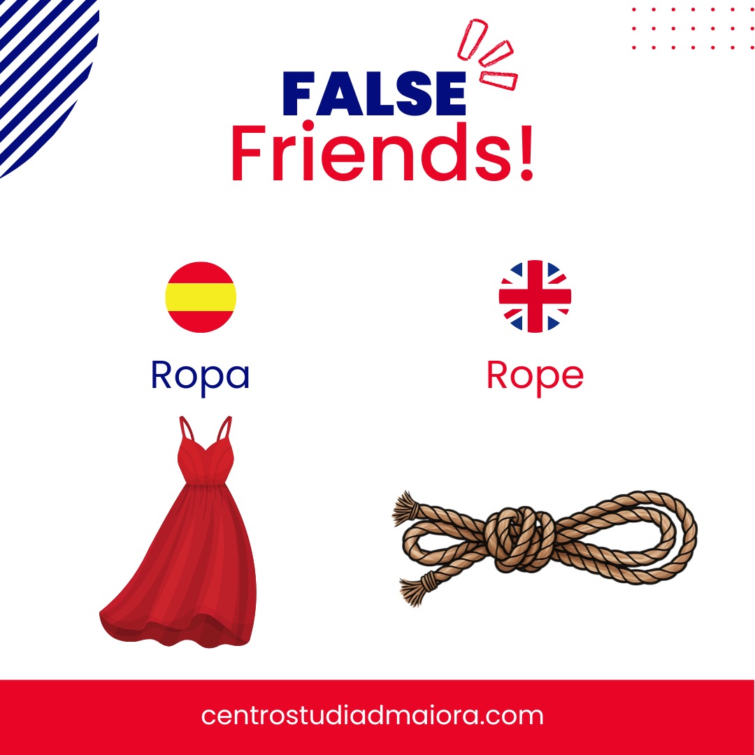 HildredFratz's tweet photo. The false friend of the week is... ROPE

One word takes you shopping. The other teaches you how to tie knots. Spanish ROPA means what you wear: shirts, trousers, and your outfit for the day. English ROPE is what you pull, tie, or use for climbing. https://t.co/dpbG4bVypF