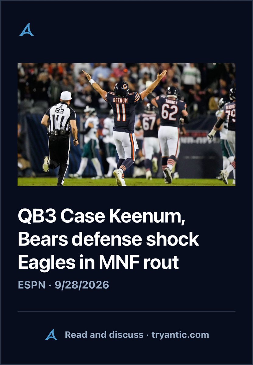 joinantic's tweet photo. QB3 Case Keenum, Bears defense shock Eagles in MNF rout
Read and discuss on Antic
https://t.co/zF8qy7nytP https://t.co/Tx3SHBIHLc