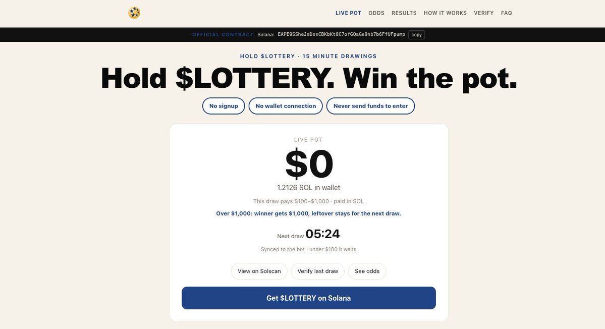 PumpLottery's tweet photo. Website may glitch and show $0 in the pot but under it shows the amount in the pot

First drawing is in 5 minutes

we had some difficulties starting off but got everything sorted out.

$Lottery https://t.co/8XE4xJmcqO
