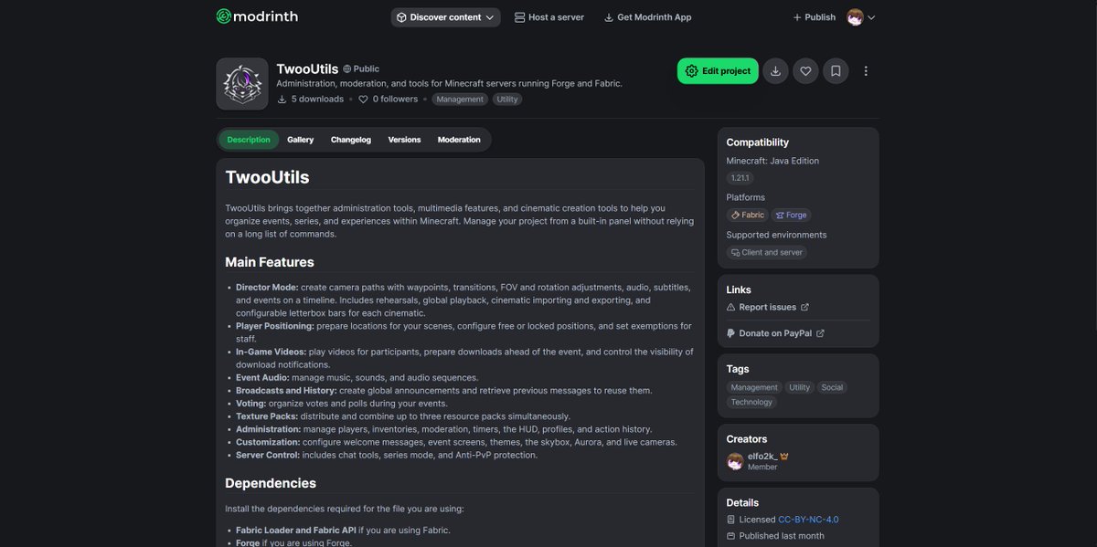 ElFo2K's tweet photo. 🚀 ¡TwooUtils ya está en Modrinth!

🎬 Crea cinemáticas, reproduce vídeos y gestiona tus eventos de Minecraft desde un solo panel.

¡Pruébalo y dime qué te parece! 👀
https://t.co/9ux4uT0ox8 https://t.co/9JknTnEN5A