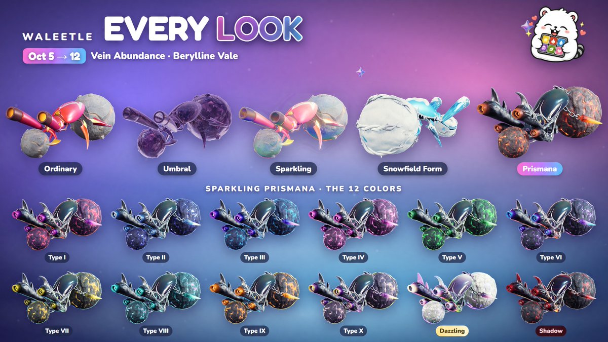 irissia06's tweet photo. Prismana Waleetle arrives October 5! Every Waleetle look in 3D: Ordinary, Umbral, Sparkling, Snowfield Form, Prismana, and the 12 Sparkling Prismana colors. Which one are you hunting?

Where and when: https://t.co/5ekzKMjRBt

#Aniimo #Waleetle https://t.co/5WXZj1FQnz