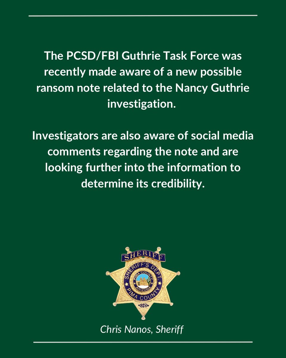 PimaSheriff's tweet photo. Statement regarding the Guthrie Investigation - https://t.co/GGUnbaCJ35