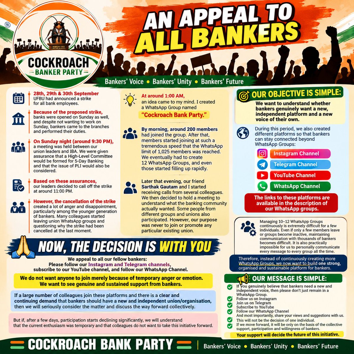 CockroachBank's tweet photo. A new voice for bankers.
If you believe bankers need an independent platform, join us, follow our social channels, and make your voice count.

#ResignCHV
#ResignRUPAM
#UFBUShudhikaran https://t.co/qg4nEs5VRr