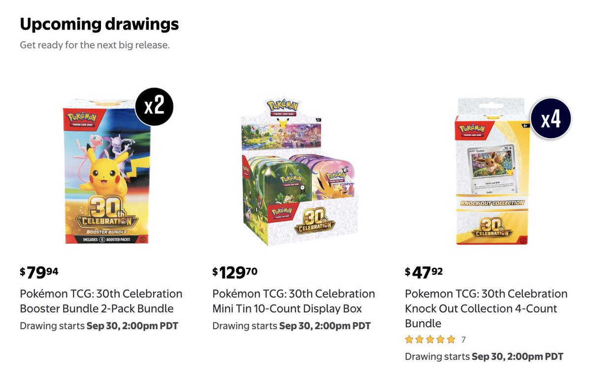 PokemonRestockr's tweet photo. More Walmart Pokémon drawings are coming September 30th at 2PM PT / 5PM ET! ✨

30th Celebration Booster Bundle 2-Packs, Mini Tin 10-Count Displays & Knock Out Collection 4-Count Bundles will be included!

Enter Here➡️ https://t.co/lW0feOPfhf
Free to enter, no membership needed. Entry windows may only last 1 hour, so be ready!

🔔 Turn notifications on! We’ll post when the drawings go live and keep you updated on all Pokémon restocks & drops!
#PokemonTCG #Pokemon #ad