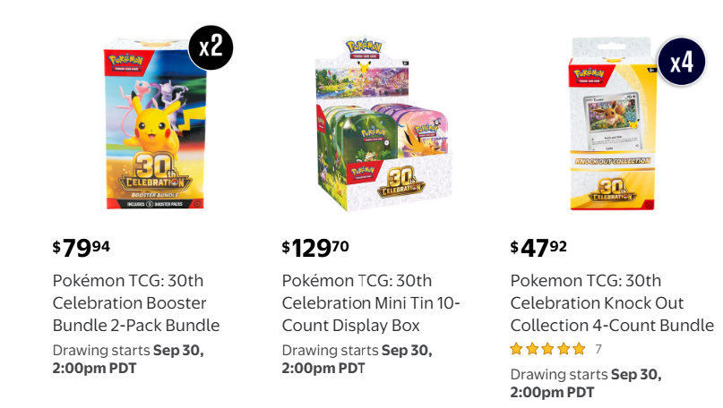 PokemonDealsTCG's tweet photo. 30th Celebration Mini Tin Display, Booster Bundles and Knockouts Confirmed for Walmart Drawings  9/30

All Pokemon TCG Drawings:
➡️https://t.co/50JvY7st75

We'll post when drawings are live and if any other items get added! Follow for updates!

#Pokemon #AD https://t.co/6G3udSDGpd
