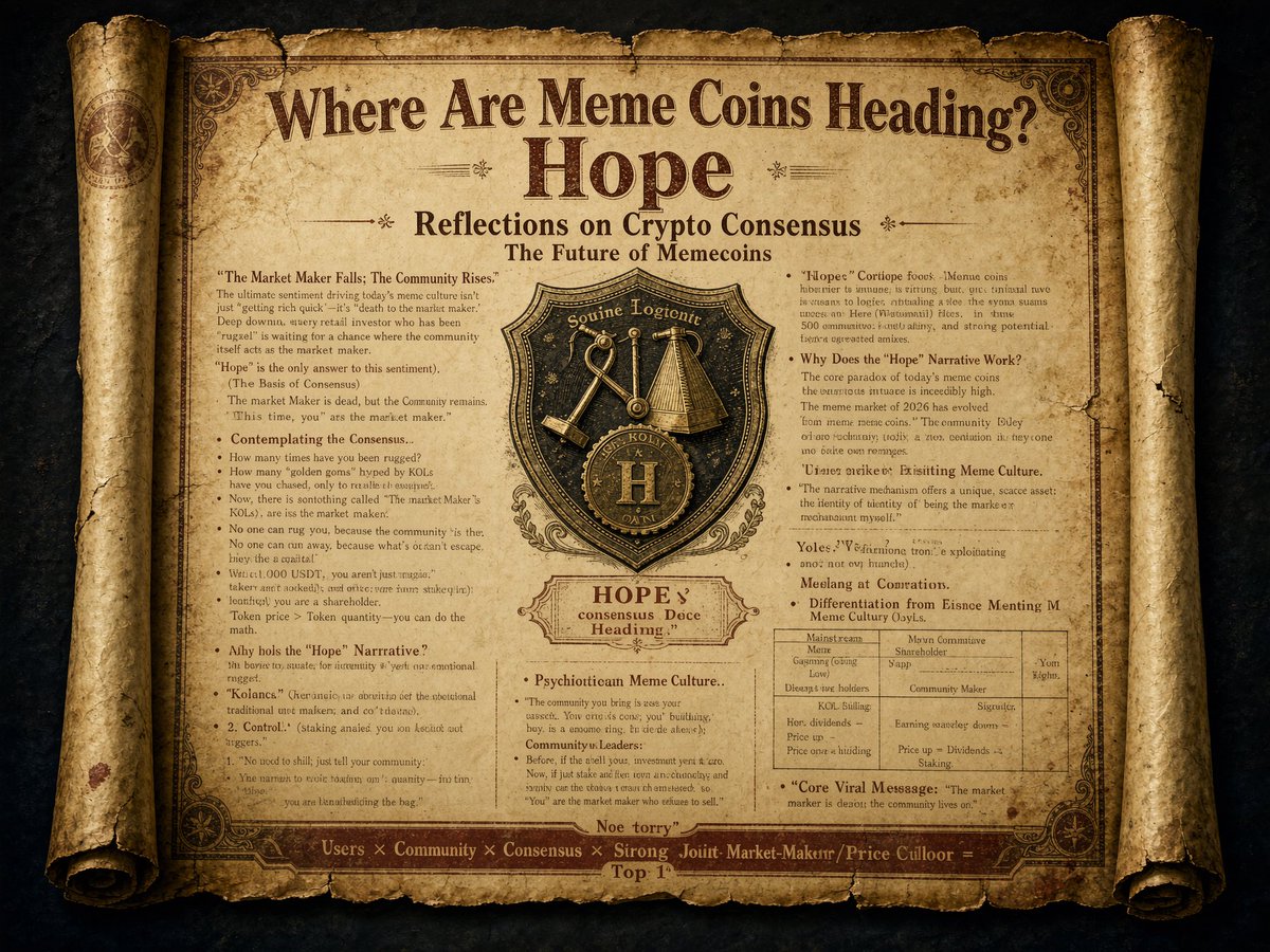 HopeNewTop1's tweet photo. Reflections on the trajectory of crypto meme coins? @cz_binance 

The community is the greatest asset—a sentiment that goes far beyond mere rhetoric. As blockchain technology permeates the meme coin landscape, the "equity-fication" of communities will modularize platform equity; through a contribution-based mechanism, genuine asset rights and ownership will be returned to the community. As the inevitability of this trend and path becomes clear to everyone—regardless of their background—Hope will emerge as the pioneering force behind the era-defining narrative of community equity. This marks a shift where community equity shatters monopolies and secures full rights over financial distribution and value depth. From discovery and the holding lifecycle to the platform itself, Hope is actively building a new model of ownership at every step.@elonmusk