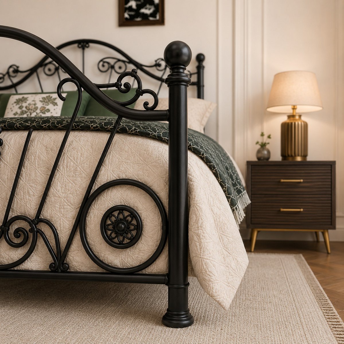RobbieLakelem's tweet photo. Our modern wrought iron bed set combines elegance and comfort with a beautifully crafted bed frame, two matching side tables, and a premium mattress—perfect for luxury bedrooms. https://t.co/JZBjbIsMfs