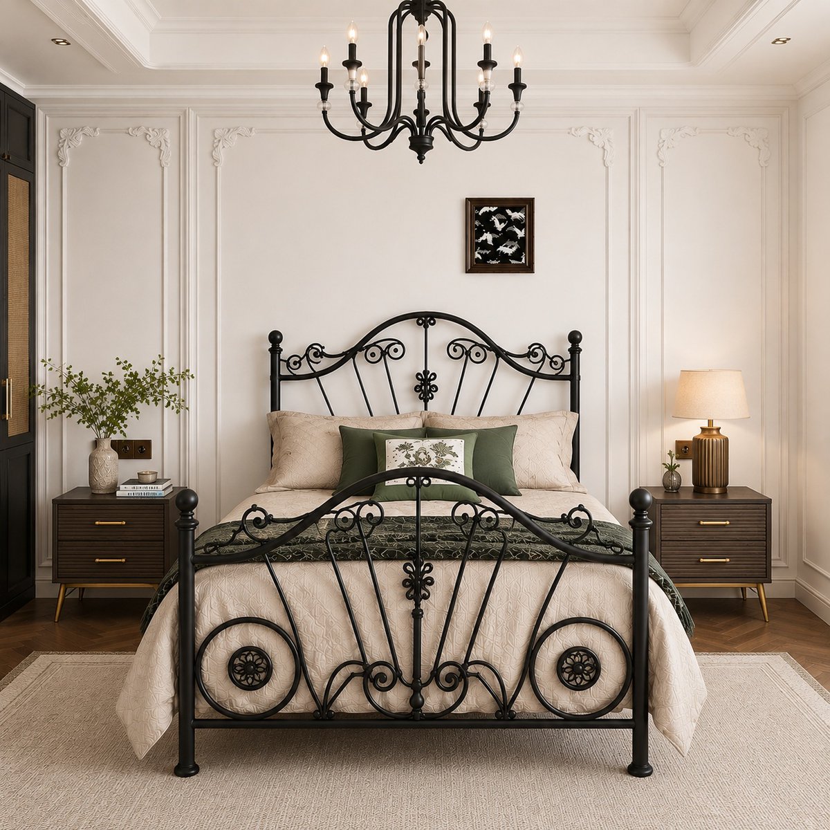 RobbieLakelem's tweet photo. Our modern wrought iron bed set combines elegance and comfort with a beautifully crafted bed frame, two matching side tables, and a premium mattress—perfect for luxury bedrooms. https://t.co/JZBjbIsMfs