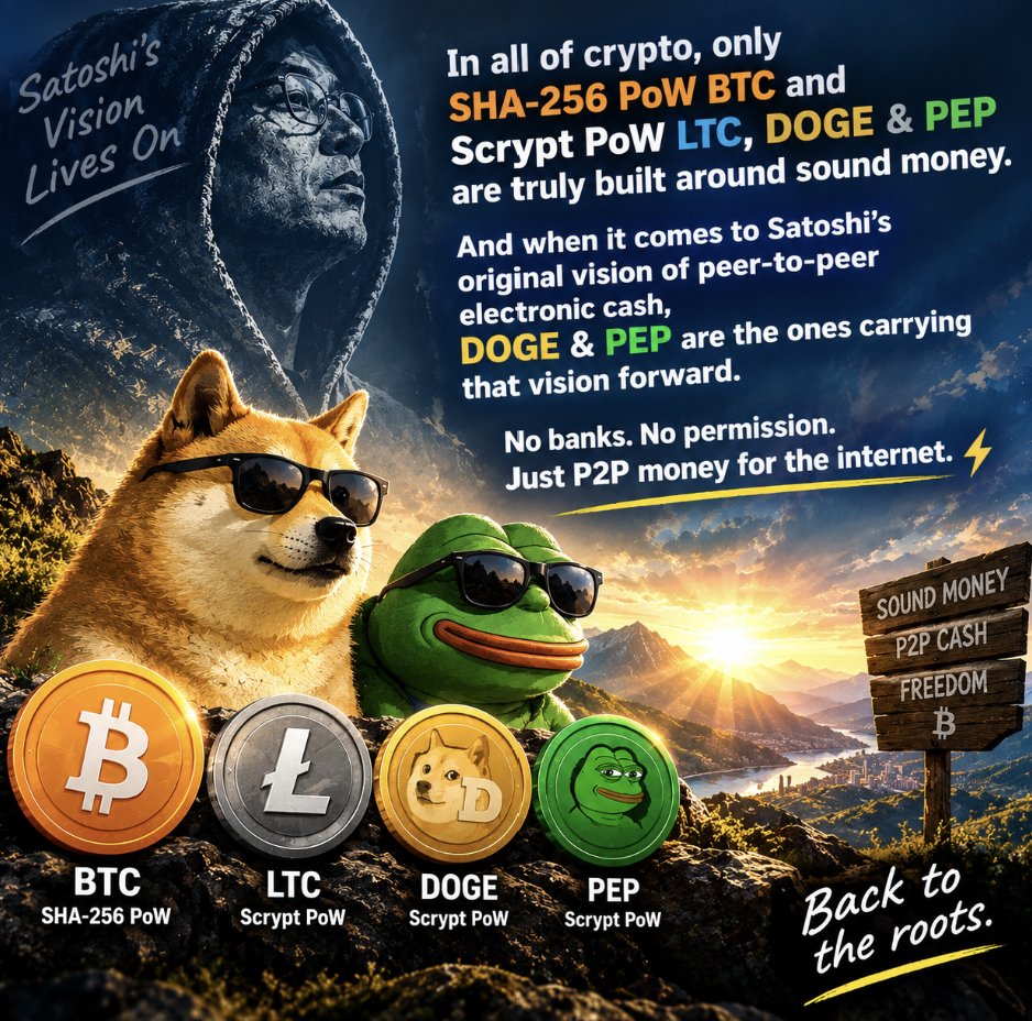 coolpepecoin's tweet photo. In crypto, only SHA-256 PoW $BTC and Scrypt PoW $LTC, $DOGE &amp; pepecoin-network:native are true sound money.

And only $DOGE &amp; pepecoin-network:native carry Satoshi’s original P2P electronic cash vision.

No banks. No permission.
Just money for the internet. 🐕🐸⚡ https://t.co/Nce9MkQ8Dx