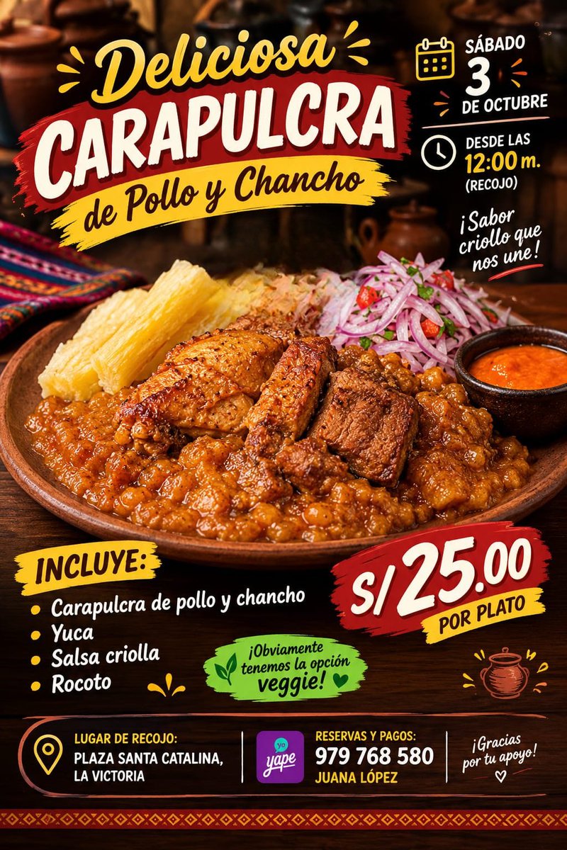 acuariana_25's tweet photo. Este sábado, sábado, sábado 3 de octubre 📢

Estaré realizando una riquísima carapulcrada 🤗
A mi mami le sale de rechupete, debe probarla 😋

Pueden realizar sus pedidos a este número: 979 768 580 es solo para pedidos 😉

Muchas gracias por colaborar y compartir este anuncio 🙌 https://t.co/BKHTrL3lyj