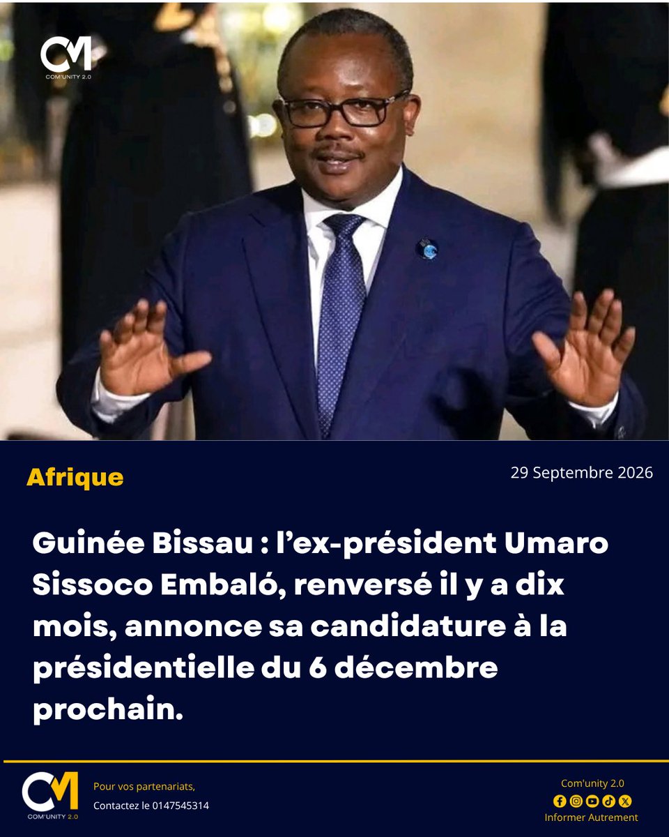 Comunityreel's tweet photo. 🇬🇼 Guinée-Bissau : dix mois après avoir été renversé par un coup d’État, l’ex-président Umaro Sissoco Embaló annonce sa candidature à la présidentielle prévue le 6 décembre prochain, un scrutin censé marquer le retour à l’ordre constitutionnel.

#Guinée-Bissau #Umaro #Présidence https://t.co/j0n9wnl6uX