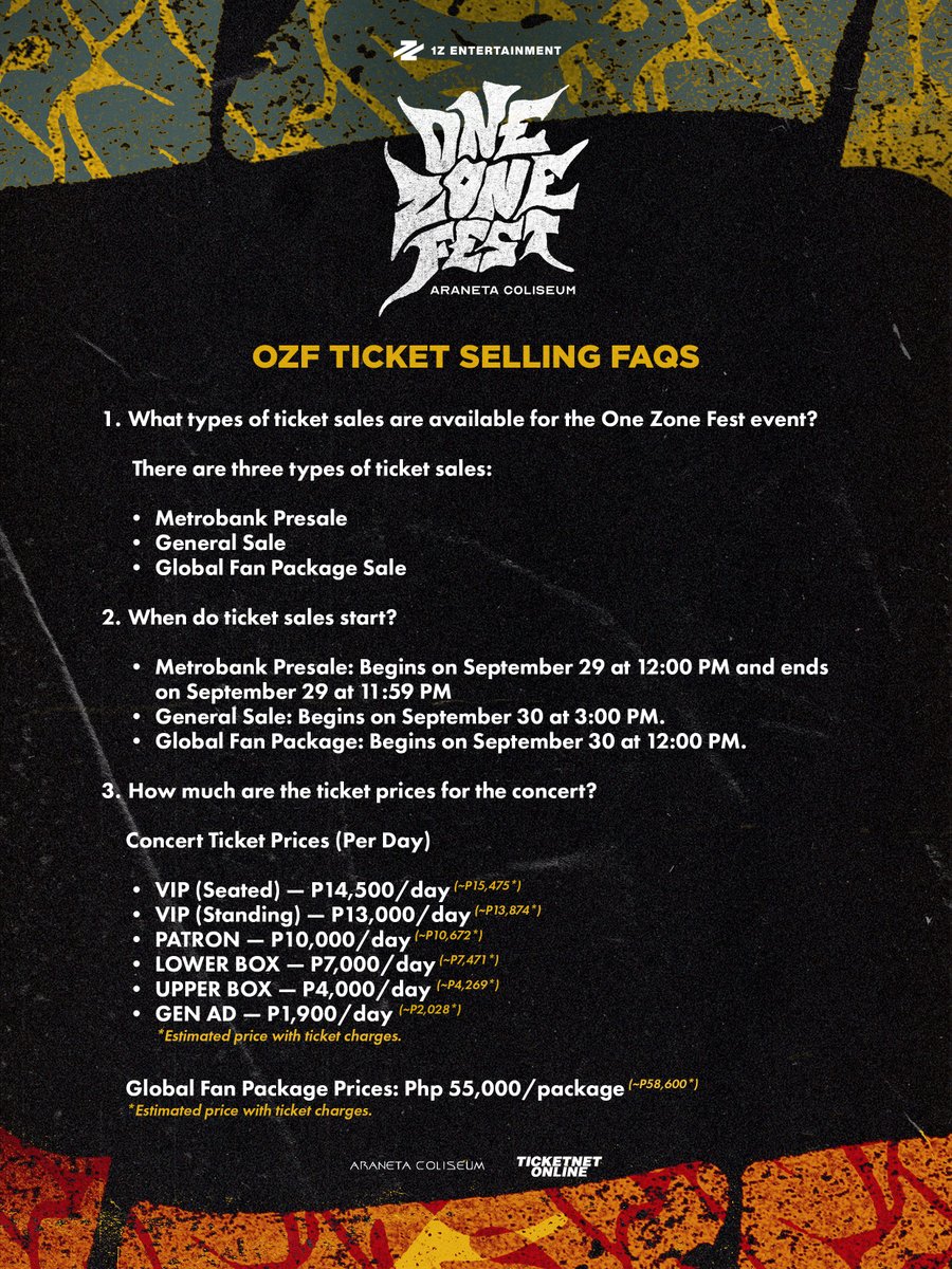 1zentertainment's tweet photo. 📣 ONE ZONE FEST: YOUR GUIDE TO THE ZONE

Here's everything you need to know about ONE ZONE FEST 2026 ticket selling: sale dates, ticket prices, purchase limits, and payment options.

October 24-25, 2026
Araneta Coliseum

Oct 24, DAY 1: 1Z artists + special performances
Oct 25, DAY 2: SB19's 8th Anniversary Fanmeet

Secure your spot in the zone via https://t.co/rvDBpadIqf

#OZF #OneZoneFest #1ZEntertainment