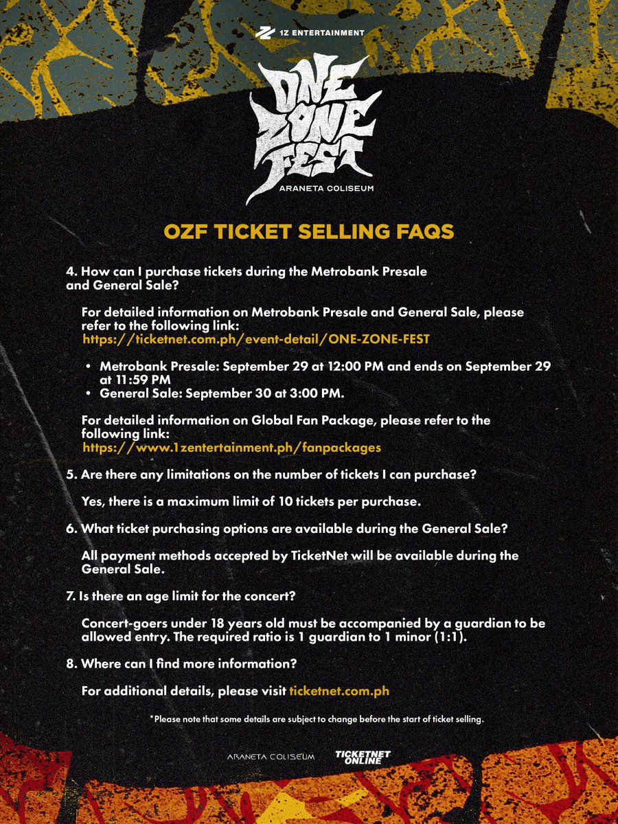 1zentertainment's tweet photo. 📣 ONE ZONE FEST: YOUR GUIDE TO THE ZONE

Here's everything you need to know about ONE ZONE FEST 2026 ticket selling: sale dates, ticket prices, purchase limits, and payment options.

October 24-25, 2026
Araneta Coliseum

Oct 24, DAY 1: 1Z artists + special performances
Oct 25, DAY 2: SB19's 8th Anniversary Fanmeet

Secure your spot in the zone via https://t.co/rvDBpadIqf

#OZF #OneZoneFest #1ZEntertainment