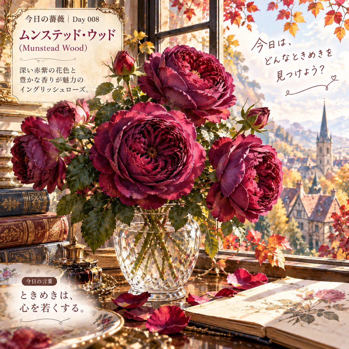 tsumugiaidays's tweet photo. 🌹今日の薔薇｜Day 008
ムンステッド・ウッド

深い赤紫の薔薇を、
秋の光いっぱいの窓辺に🍁🌹

今日の言葉は
「ときめきは、心を若くする。」

今日は、どんなときめき���見つけよう？☺️

AIと旅する、365日の薔薇。

#今日の薔薇 #AIアート #AI画像 #薔薇 https://t.co/RenH6lCldN