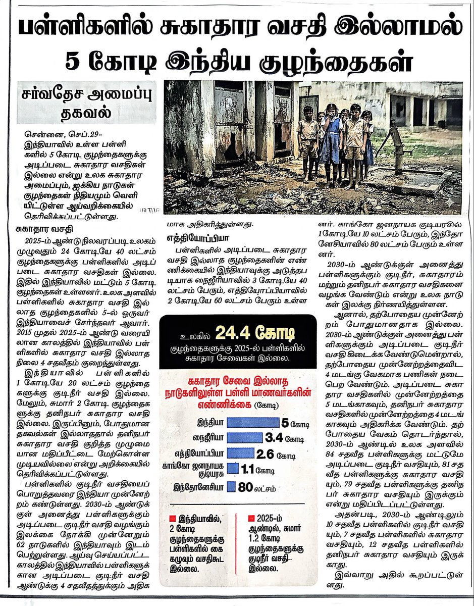 BALASUB00730537's tweet photo. 2030 ஆம் ஆண்டுக்குள் அனைத்து பள்ளிகளிலும் சுகாதார வசதி: உலக சுகாதார அமைப்பு மற்றும் ஐக்கிய நாடுகள் குழந்தைகள் நிதியம் 
#schools basic amenities 
#publichealth 
#watersupply https://t.co/JiDyYXCVqH