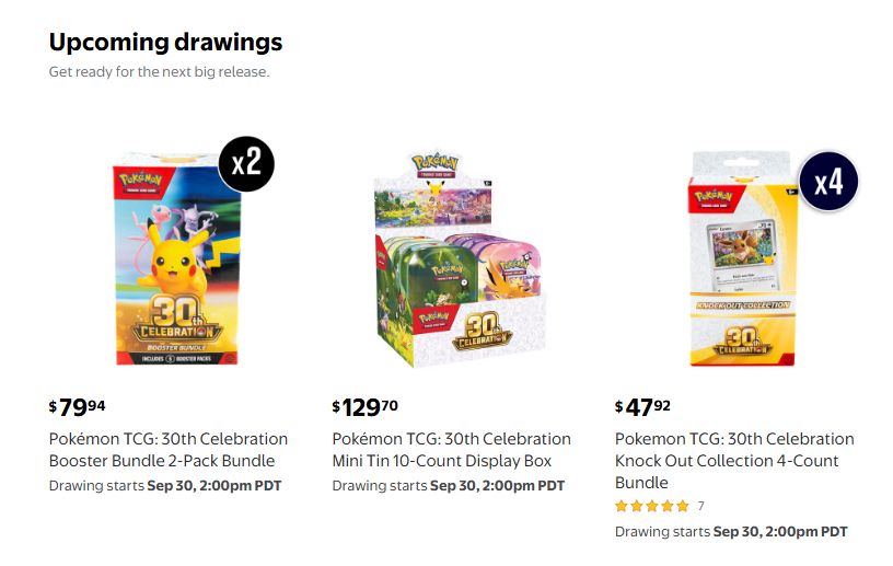 PokeAlerts_'s tweet photo. 🚨 30th Celebration Booster Bundle, Mini Tin Display Box &amp; Knockout Collection Drawings on Walmart Scheduled for 30th September 2pm PDT / 5pm EST

➡️ Enter the drawing here: https://t.co/t2FIwc3fTv

Entries window is typically available for 1 hour
#PokemonTCG #ad https://t.co/Rez3UIiiUX