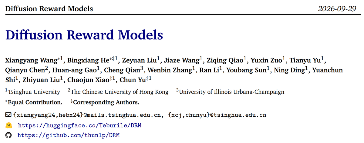 HBX_hbx's tweet photo. [1/n] Introducing Diffusion Reward Models (DRM)

Reward Models are at the core of LLM post-training. But almost all of them make the same simplification:
they collapse human preference into a single score.

The problem is that human feedback is often not a point — different people can hold distinct, even conflicting, judgments about the same response.

So we asked: Can a Reward Model learn the distribution of human preference?

Here’s what we found 👇

📄 Paper: https://t.co/e0EMNa3I64
💻 Code: https://t.co/KVosB5D5PI
🤗 Models: https://t.co/wwdDpOtgbL