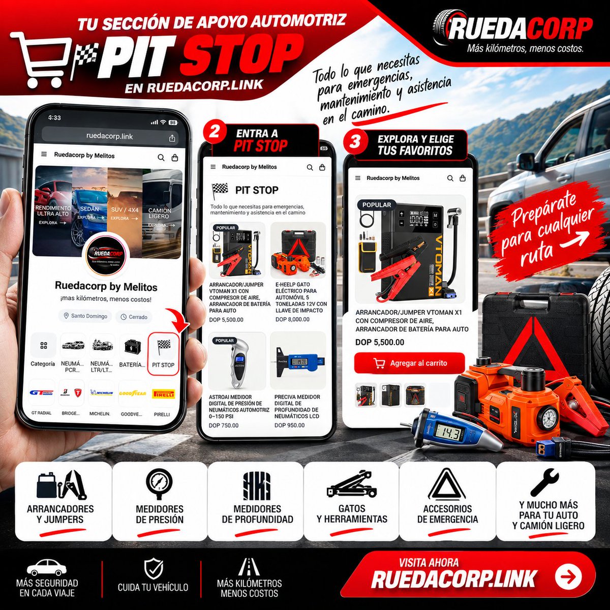 Ruedabymelitos's tweet photo. 🏁 ¿Ya conoces PIT STOP en RuedaCorp?
allí encuentras accesorios 
🔋 Jumpers y arrancadores
🛞 Medidores de presión
📏 Medidores de profundidad
🔧 Gatos y herramientas
⚠️ Accesorios de emergencia
Compai, mejor tenerlo y no necesitarlo que necesitarlo y no tenerlo. 😎 https://t.co/w6JcHn0oae