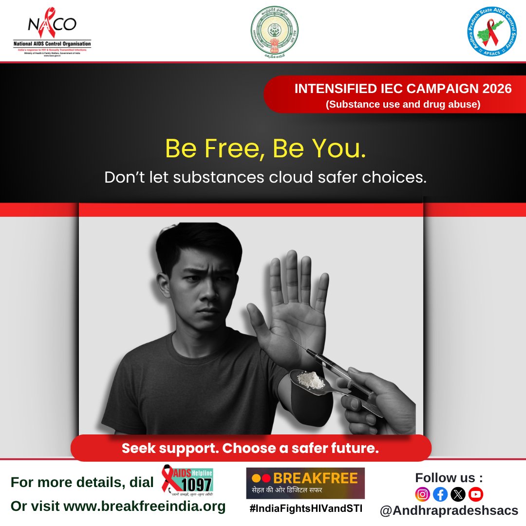 APSACS2020's tweet photo. Drug use can affect judgement and make it harder to make safer choices, which may increase the risk of HIV.
#IndiaFightsHIVandSTI #APSACS #BeFreeBeYou #DrugUseAwareness #SubstanceUseAwareness #HIVAwareness #HIVPrevention #SafeChoices #NeverShareNeedles #SeekSupport https://t.co/QCM2syTnC6