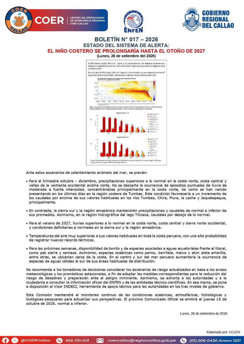 COERCallao's tweet photo. ENFEN mantiene el estado de “Alerta de El Niño Costero”. EL NIÑO COSTERO SE PROLONGARÍA HASTA EL OTOÑO DE 2027. #Callao #Bellavista #CarmenDeLaLegua #LaPerla #LaPunta #MiPeru #Ventanilla https://t.co/RgibKFGvTC