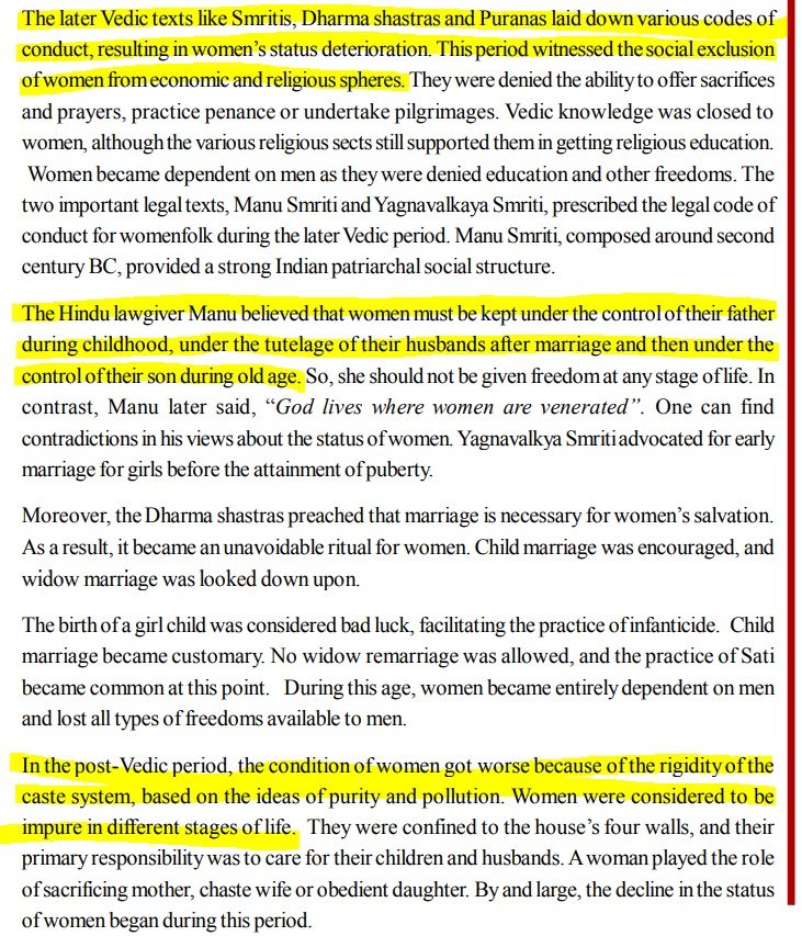 neha_laldas's tweet photo. Some people are saying that the posionous content against Hinduism & GCs were from old NCERT text books and they have changed everything.

Now let's see what NIOS board is teaching the students.

NIOS comes directly under Central Government of India.
Following extract is from page 41 of the NIOS Gender Studies text book, which is currently followed.

It says:
"Vedic texts like Smritis, Dharmasastras and Puranas subjugated women."
It agrees with Rahul Gandhi on Manusmriti.
It says that "women were considered impure in Hinduism."

& All these are taught to our school children.
So what Rahul Gandhi is saying in meetings, Central government is teaching the same to the Hindu students year after year.