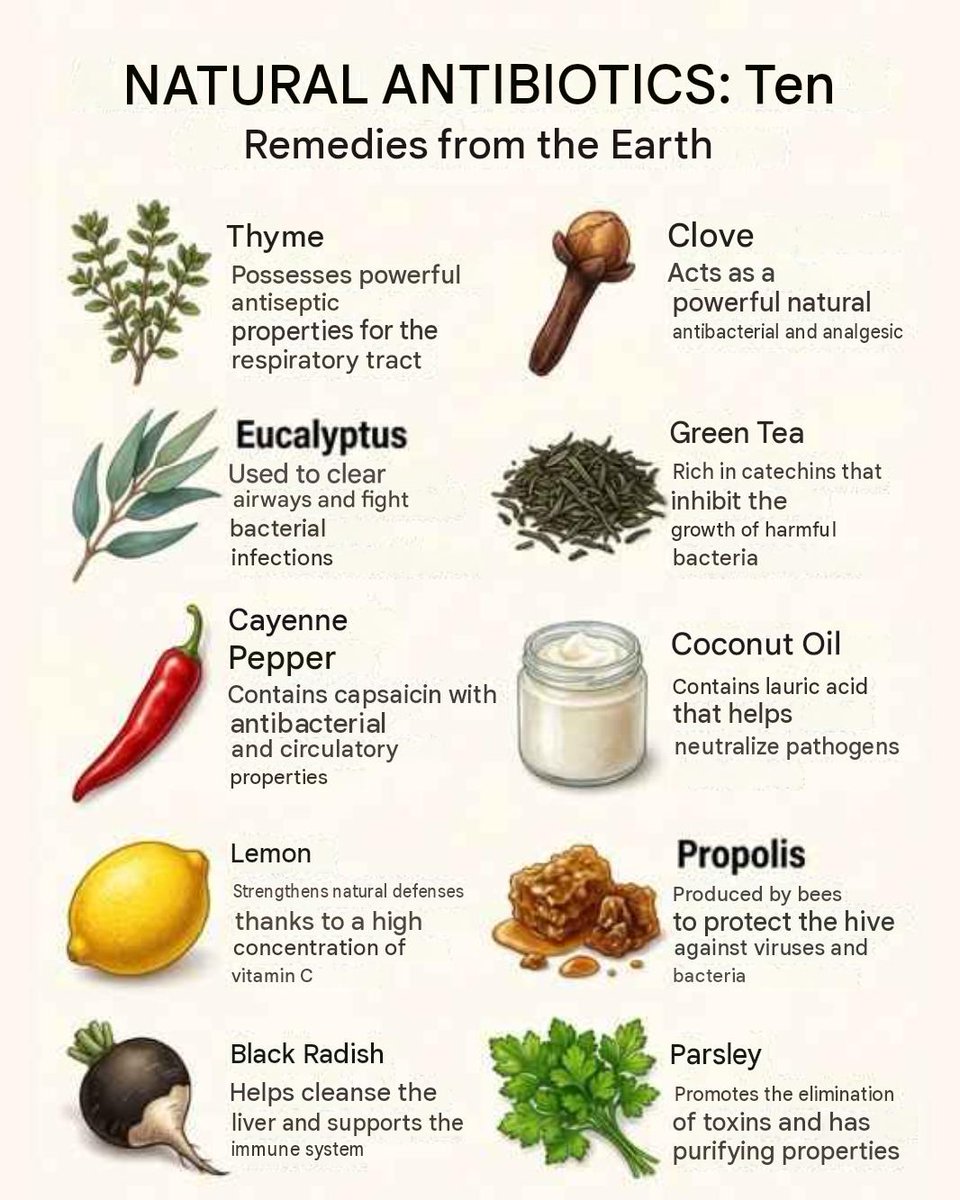 HealthOrganica_'s tweet photo. NATURAL ANTIBIOTICS: Ten remedies from the earth:  

Thyme (Thym) has potent antiseptic properties for the respiratory tract.  

Clove (Clou de girofle) acts as a powerful natural antibacterial and analgesic.  

Eucalyptus: Used to clear the airways and combat bacterial infections.  

Green Tea (Thé vert) is rich in catechins that inhibit the growth of harmful bacteria.  

Cayenne Pepper: Contains capsaicin with antibacterial and circulatory properties.  

Coconut Oil (Huile de coco) contains lauric acid that helps neutralize pathogens.  

Lemon (Citron) strengthens natural defenses thanks to its high concentration of vitamin C. 

Propolis is produced by bees to protect the hive against viruses and bacteria.  

Black Radish (Radis noir) helps drain the liver and supports the immune system.  

Parsley (Persil) promotes the elimination of toxins and has purifying properties.