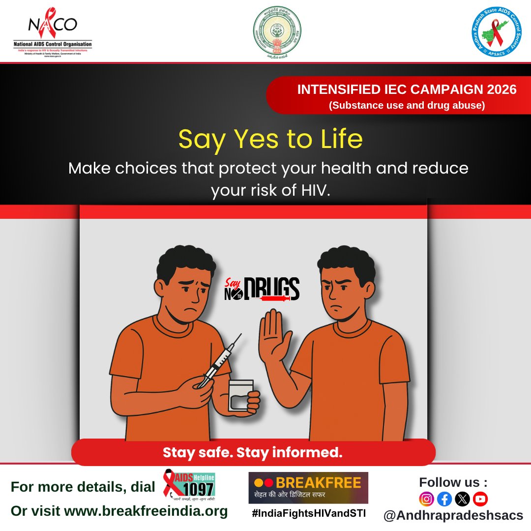 APSACS2020's tweet photo. Drug use can affect judgement and lead to choices that may increase the risk of HIV, including sharing needles or syringes and having sex without protection.
#IndiaFightsHIVandSTI #APSACS #SayYesToLife #DrugUseAwareness #SubstanceUseAwareness #HIVAwareness #HIVPrevention https://t.co/EwrI6BwxeA