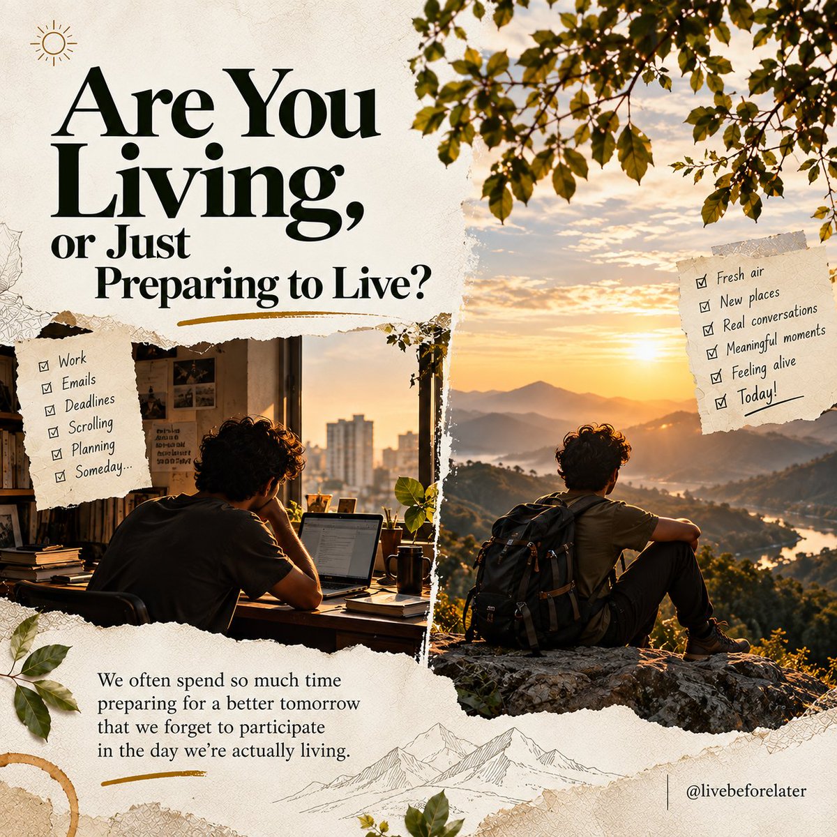 LiveBeforeLater's tweet photo. We wake up. Work. Scroll. Sleep. Repeat.

Somewhere in between, we promise ourselves that we'll start living when things get better.
But what if an ordinary day is also a part of the life we've been waiting for?

Don't miss today while preparing for tomorrow. 🌱

#reset
#evolve https://t.co/kKYeZYGh3t