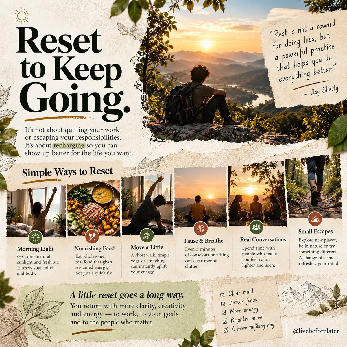 LiveBeforeLater's tweet photo. We wake up. Work. Scroll. Sleep. Repeat.

Somewhere in between, we promise ourselves that we'll start living when things get better.
But what if an ordinary day is also a part of the life we've been waiting for?

Don't miss today while preparing for tomorrow. 🌱

#reset
#evolve https://t.co/kKYeZYGh3t