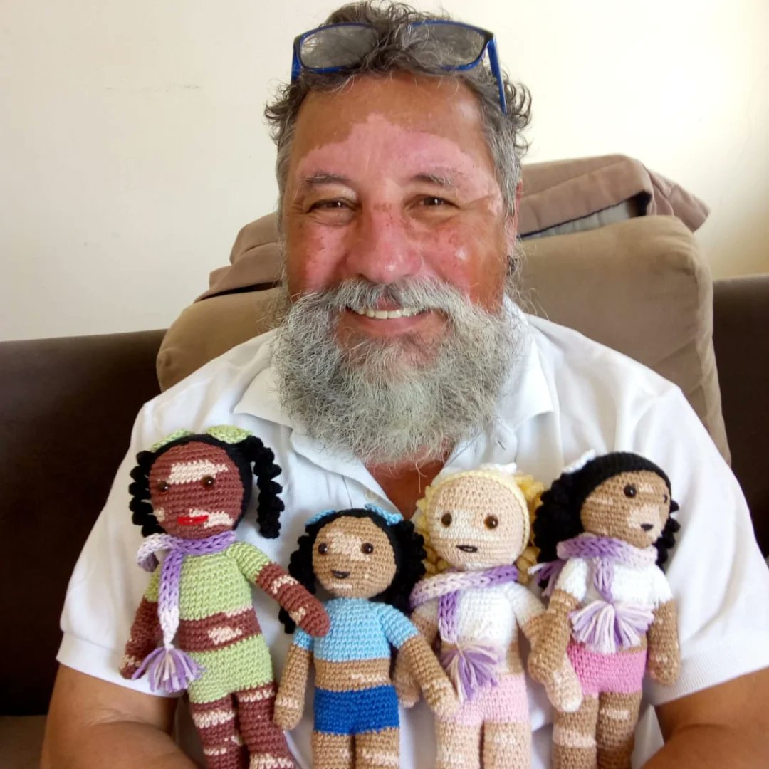Complex's tweet photo. Man with vitiligo crochets dolls for kids like him ❤️‍🩹

📸: vovocrocheteiro https://t.co/XyX4LvR893