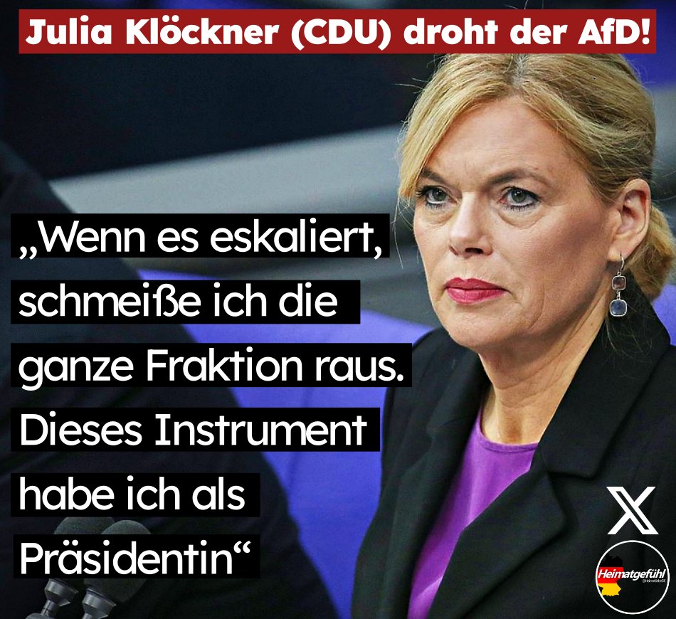 HeimatliebeDE's tweet photo. Bundestagspräsidentin und Ex-Weinkönigin Julia Klöckner droht der gesamten AfD-Fraktion mit einem Rausschmiss aus dem Parlament.

„Das schaukelt sich so dermaßen hoch.“

Es gibt Menschen, denen darf man keine Macht geben. https://t.co/K67OmDqESa