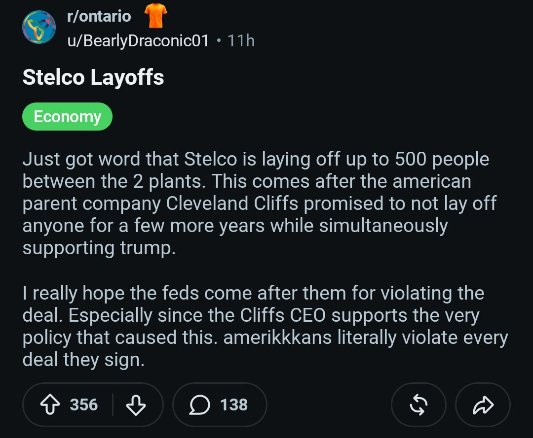 ShaziGoalie's tweet photo. Ontario’s economy is doing just fine underneath the hood.
Meanwhile, workers online are reporting up to 500 layoffs at Stelco, with an affected worker saying Nanticoke will be heavily impacted.
Another day. Another layoff story.
At some point, the “underlying economy is strong” line has to meet the reality people are actually living.