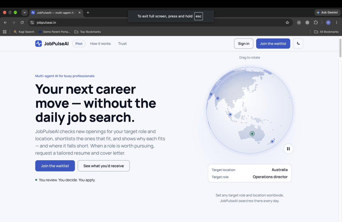 SolveForwardAI's tweet photo. Job searching shouldn't become your second full-time job.

We're building JobPulseAI to find relevant roles, evaluate the fit against your experience, and help prepare tailored applications.

AI prepares.
You decide.
You apply.
waitlist is now open ↓
https://t.co/dRkPoBoI1v https://t.co/2Vzb5Xb9pn