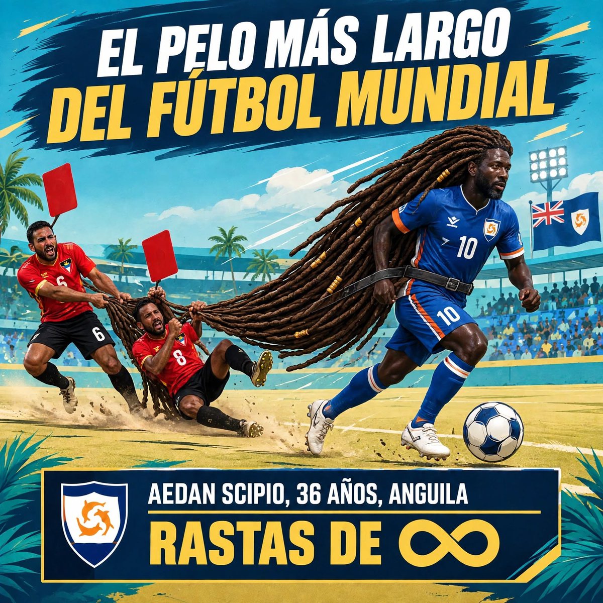 playfutbol90's tweet photo. El jugador con el pelo más largo del mundo: Aedan Scipio, de Anguila, tiene rastas de 1,5 metros que le llegan a los tobillos. 
Provocó 2 expulsiones en el mismo partido por tirarle del pelo para frenarlo. #Anguila #ConcacafNationsLeague #CuriosidadesFutbol https://t.co/ZQ2n540Kec