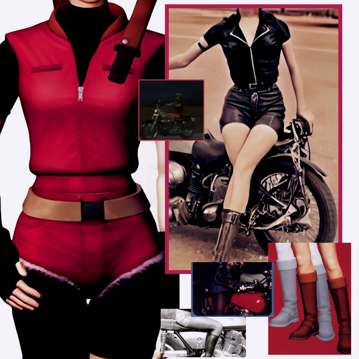 fashionsclaire's tweet photo. SEPTEMBER 29TH, 1998

claire redfield makes her first appearance in search of her brother in RACCOON CITY. her arrival is marked by her iconic entrance on a motorcycle, wearing a unique outfit, standing out with DENIM SHORTS and KNEE HIGH BOOTS. 

for many decades, women had few clothing options to wear on their motorcycles, or if they did, the clothing was difficult to access, as motorcycles were mostly occupied by men and appropriate items were usually made for them.

therefore, women constantly explored various clothing possibilities that could be used on their motorcycles. even though some clothes weren't always comfortable for this purpose, female motorcyclists never stopped occupying their space in this passion. 

from her first appearance, claire redfield brought good reflections and a unique personality open to exploring various aspects that constitute her.

#backtorockfort