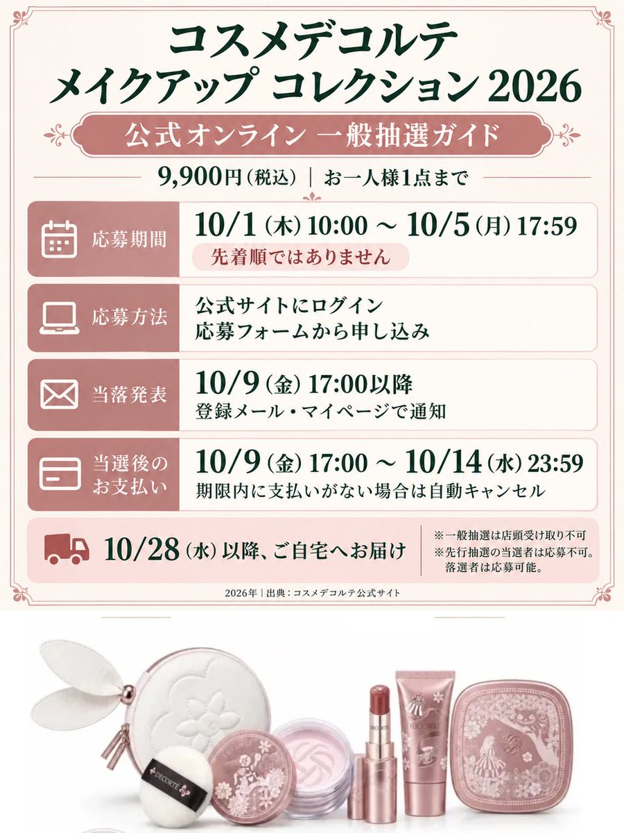 coffret_mania's tweet photo. コスメデコルテのクリスマスコフレ「メイクアップコレクション2026」の一般抽選予約は

10月1日10:00〜10月5日17:59

に行われます

公式予約ページ
https://t.co/rQraf5URJE

なお抽選のため期間中いつ申し込んでも抽選結果には影響しません！

なお10月1日10時〜
オンラインでの予約も開始します

オンライン予約についても、後ほど販売が行われるところをまとめたものを呟く予定です

10月1日のオンライン予約は即完が予想されるので、挑戦して手に入れられなかった方は予約抽選という流れがオススメです