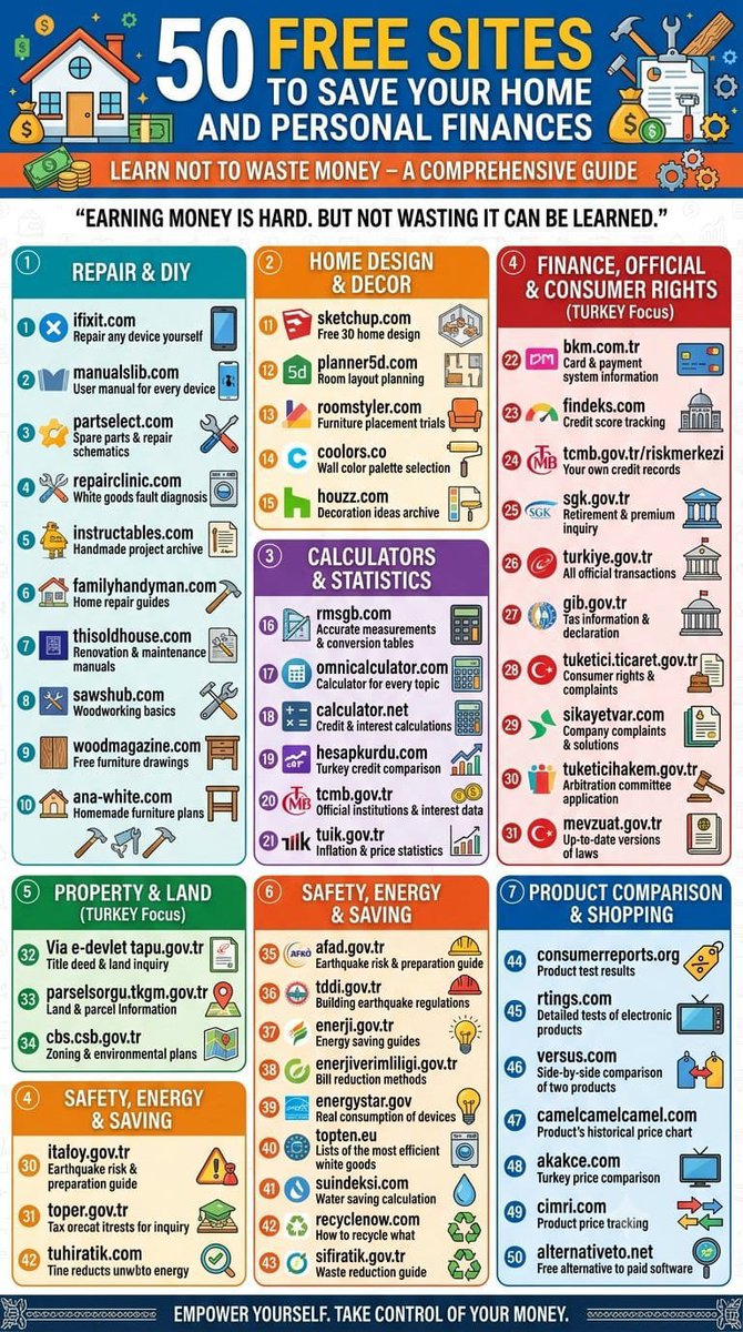 aiwithothoi's tweet photo. 50 Free Sites to Save Your Home and Personal Finances

1.) https://t.co/zr2AkffGKX → Repair any device yourself
2.) https://t.co/TyibWxe0tm → User manual for every device
3.) https://t.co/JrYQM4TMEa → Spare parts and repair schematics
4.) https://t.co/ksNrfxit81 → White goods fault diagnosis
5.) https://t.co/VxXuAPzBtI → Handmade project archive
6.) https://t.co/g8f5EWU1m5 → Home repair guides
7.) https://t.co/DUPw2rJS6y → Renovation and maintenance manuals
8.) https://t.co/lIe0XBWIA1 → Woodworking basics
9.) https://t.co/zQsJ6ufZis → Free furniture drawings
10.) https://t.co/NjAGIYJItE → Homemade furniture plans
11.) https://t.co/P275Y9fHJx → Free 3D home design
12.) https://t.co/28xo86m5bi → Room layout planning
13.) https://t.co/keF6y1yr2s → Furniture placement trials
14.) https://t.co/TV47k6jOBG → Wall color palette selection
15.) https://t.co/QGaTpZGnf4 → Decoration ideas archive
16.) https://t.co/oo9nDrmID6 → Accurate measurements and conversion tables
17.) https://t.co/uovSzoUqgF → Calculator for every topic
18.) https://t.co/EHdqYR2gWF → Credit and interest calculations
19.) https://t.co/4h22LUrIFB → Turkey credit comparison
20.) https://t.co/YN3ow4Raoj → Official institutions and interest data
21.) https://t.co/vvaBlYxCKU → Inflation and price statistics
22.) https://t.co/kKlHPUfvMe → Card and payment system information
23.) https://t.co/uJGwkjQgQM → Credit score tracking
24.) https://t.co/VA77K2v7Kr → Your own credit records
25.) https://t.co/rzXUNzHjZ3 → Retirement and premium inquiry
26.) https://t.co/30rL1sj9XC → All official transactions in one place
27.) https://t.co/3GncJ6Az1F → Tax information and declaration
28.) https://t.co/tiRCRsYmsn → Consumer rights and complaints
29.) https://t.co/4JOoILb6YZ → Company complaints and solutions
30.) https://t.co/JpNvwRI01t → Arbitration committee application
31.) https://t.co/UjEzw5WX7O → Up-to-date versions of laws
32.) Via e-devlet https://t.co/pQM9gA3KxJ → Title deed and land inquiry
33.) https://t.co/j0yGWHhTnN → Land and parcel information
34.) https://t.co/83RLWXDTgk → Zoning and environmental plans
35.) https://t.co/lv7qHKba3C → Earthquake risk and preparation guide
36.) https://t.co/0oBM7fNYvo → Building earthquake regulations
37.) https://t.co/Aq3mCKGrF4 → Energy saving guides
38.) https://t.co/MDnT8wJSsX → Bill reduction methods
39.) https://t.co/t9z6ltRbgX → Real consumption of devices
40.) https://t.co/aPEafeZhtq → Lists of the most efficient white goods
41.) https://t.co/qnGWVYWTx9 → Water saving calculation
42.) https://t.co/CMVCyOylD4 → How to recycle what
43.) https://t.co/HE9Vv3aUAr → Waste reduction guide
44.) https://t.co/EO0iUvWKeJ → Product test results
45.) https://t.co/KfDsaZYsBC → Detailed tests of electronic products
46.) https://t.co/Tr77HkiIPo → Side-by-side comparison of two products
47.) https://t.co/HtbwQwHEmV → Product's historical price chart
48.) https://t.co/uMs4htfHgH → Turkey price comparison
49.) https://t.co/vrugr8spRb → Product price tracking
50.) https://t.co/83i6RaZSu4 → Free alternative to paid software

Earning money is hard. But not wasting it can be learned.
Follow @aiwithothoi for more info