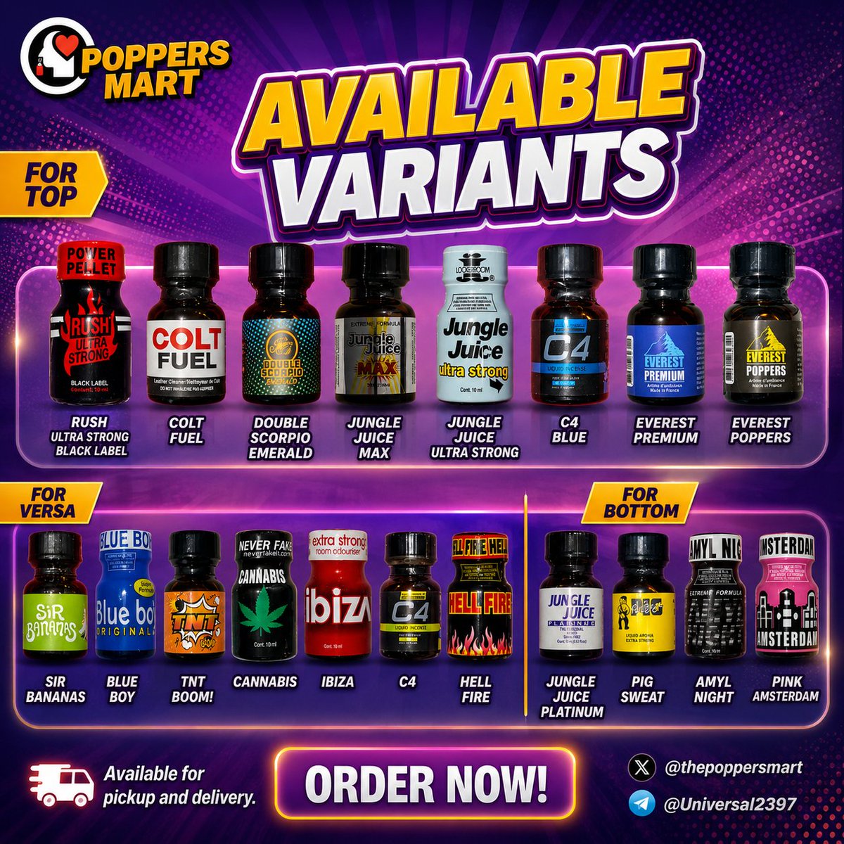 thepoppersmart's tweet photo. On hand variants as of 09/29/2026

Grab your favorite poppers now! 💦

Available for pickup and delivery
Order via DM! 📥 
TG: Universal2397 
#CDO #CDOAlter #altercdo #cdobagets #popperscdo #poppers #poppersfun #popperbates #Poppersphilippines https://t.co/llDwkc6L1A