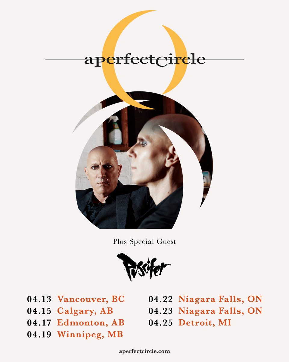 puscifer's tweet photo. Catch us in Canada (+Detroit) with A Perfect Circle next Spring. Tickets on sale Friday at 10 a.m. local time with an A Perfect Circle pre-sale running from Sept. 30 at 10 a.m. local time to Thursday, Oct. 1 at 10 p.m. local time (Password: PERFECT). https://t.co/aRk3anSO4x https://t.co/dNtoOI4MIv