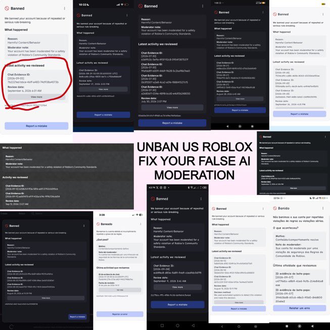 BSZylicc's tweet photo. GUYS EVERYONE IS GETTING FALSE BANNED BY ROBLOX’S FAULTY AI MODERATION WE HAVE TO PROTEST AND FLOOD ROBLOXS COMMENTS https://t.co/h687kxG2i6