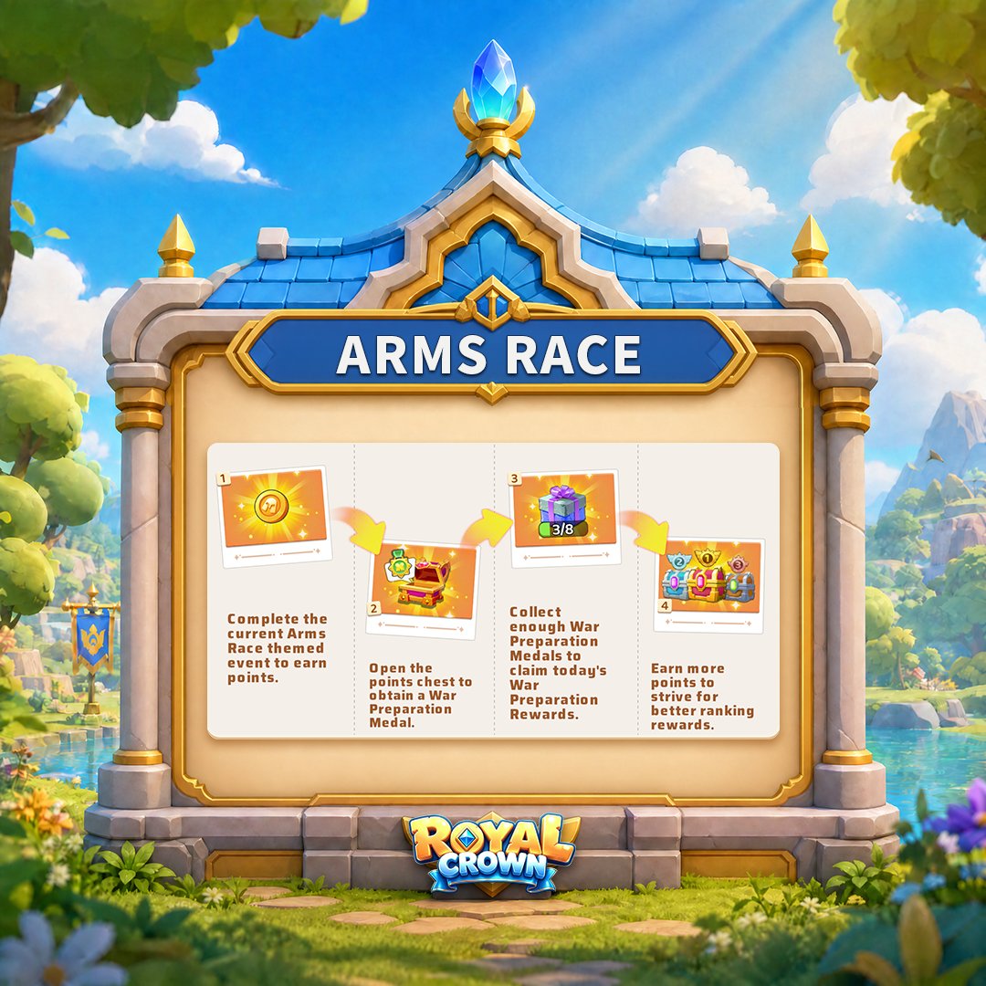 royalcrown47's tweet photo. 🏰 Royal Crown | Arm’s Race Tips ⚔️

Want to score more points in the Arm’s Race? Here are a few tips to help you maximize your progress! 🔥

⏰ Every minute counts! Plan your resources and actions carefully to earn points more efficiently and stay ahead in the race.

#RoyalCrown https://t.co/BqVil01Y6y