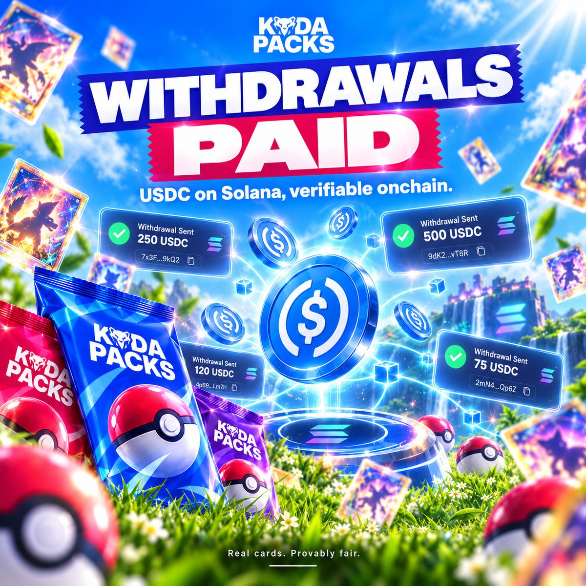 kodapacks's tweet photo. All player withdrawals have now been paid out.

As always, withdrawals are settled in USDC on Solana, with every transaction verifiable onchain.

For now, we’re processing withdrawals every 3 hours while we continue running internal audits on gameplay and payouts. That cadence will be removed very soon, we’re just collecting a few more data points first.

Thanks to everyone who’s played and trusted KodaPacks so far. We’re just getting started.