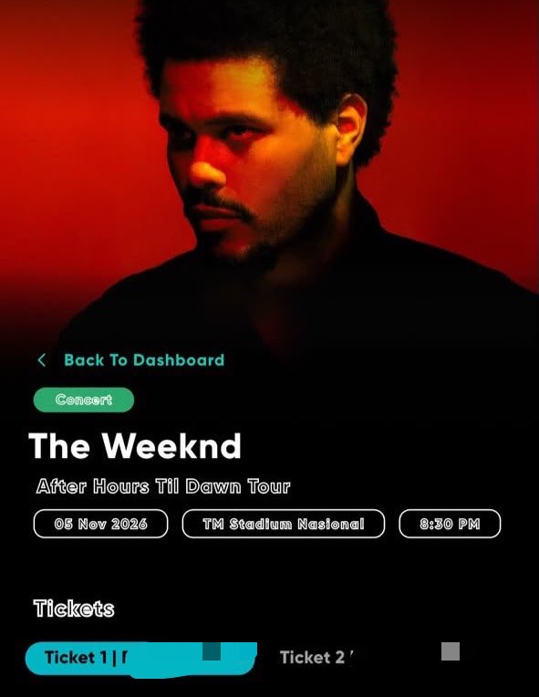 yewoely's tweet photo. WANT TO SELL The Weeknd Tour in KL 

5 Nov 2026 (Day 2)
Section 201B, Zone RM488

2 Tickets Available!
Sell Price: RM530 each
Ori Price: RM554.30 each (inc tax)

rts personal matters
DM me if interested for details 🫶🏻

#TheWeekndinKL https://t.co/XXfW2CUZKg