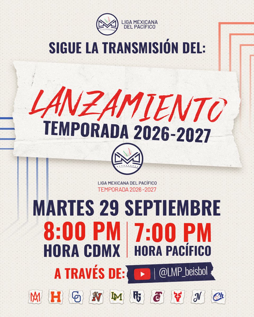 LMPBanamex's tweet photo. Te tenemos una invitación especial🫵🏼

Acompáñanos en la transmisión del lanzamiento de la temporada 26-27 de la Liga Mexicana del Pacífico😎

En vivo a través de nuestro canal de YouTube🎥

🕗 8:00 pm (CDMX) | 7:00 pm (pacífico)

#LMP⚾️ https://t.co/mCwwzefEml