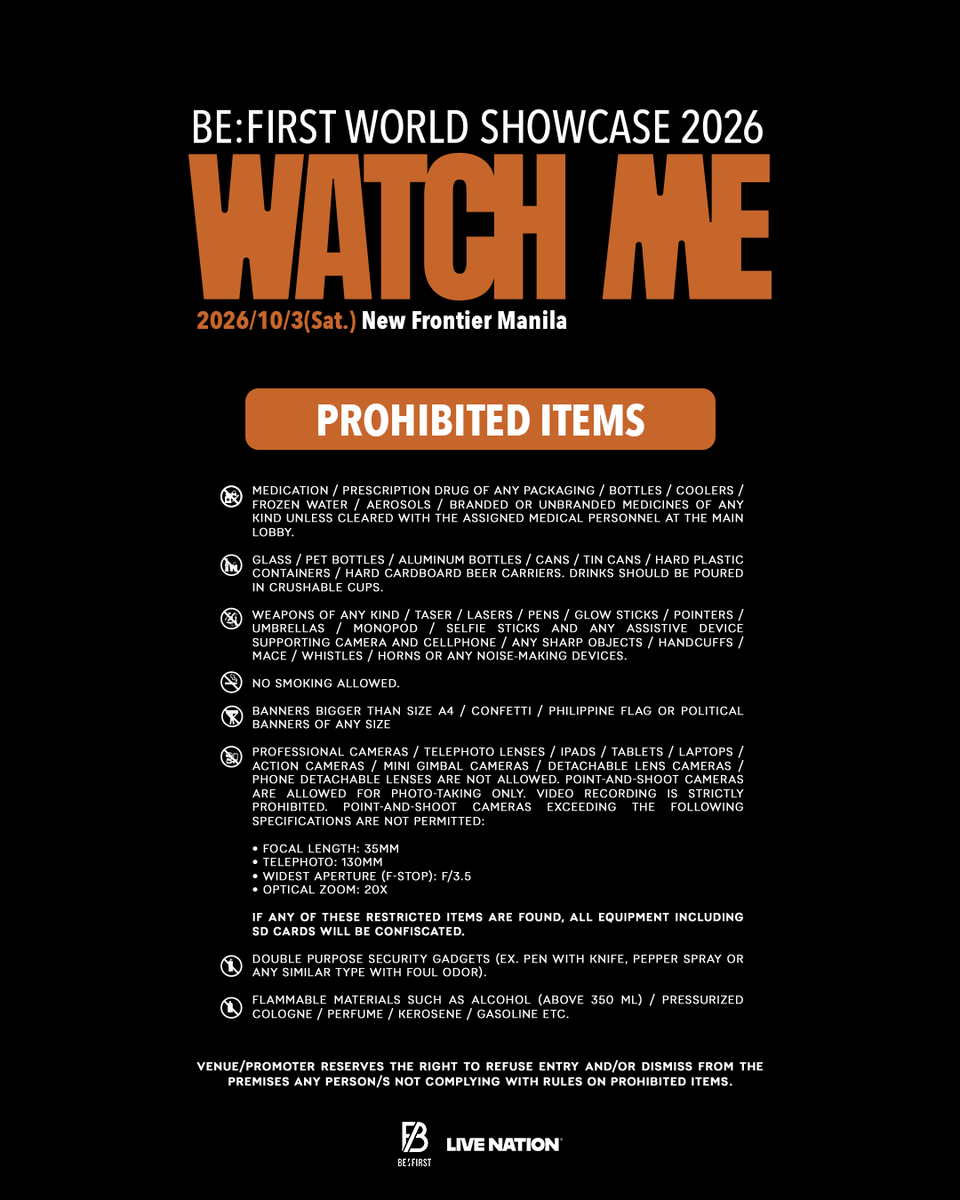 livenationph's tweet photo. 📣 Reminder! 

Make sure to check the list of prohibited items before heading to the concert to avoid any delays at the gates.

#BEFIRSTinManila https://t.co/Rm8OhdoLCx