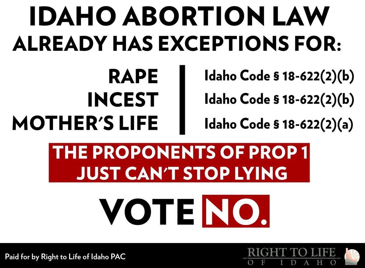 SpoonForIdaho's tweet photo. This is a reminder that Idaho law is already the moderate, compromise approach to abortion.

Prop 1 is a path to extremism. ☠️

All those TV ads about dying mothers and fleeing doctors? Total lies. The Left just can't stop LYING. 👇

Vote NO on Prop 1 on Nov. 3rd! 👇 https://t.co/1gEaCADOYZ