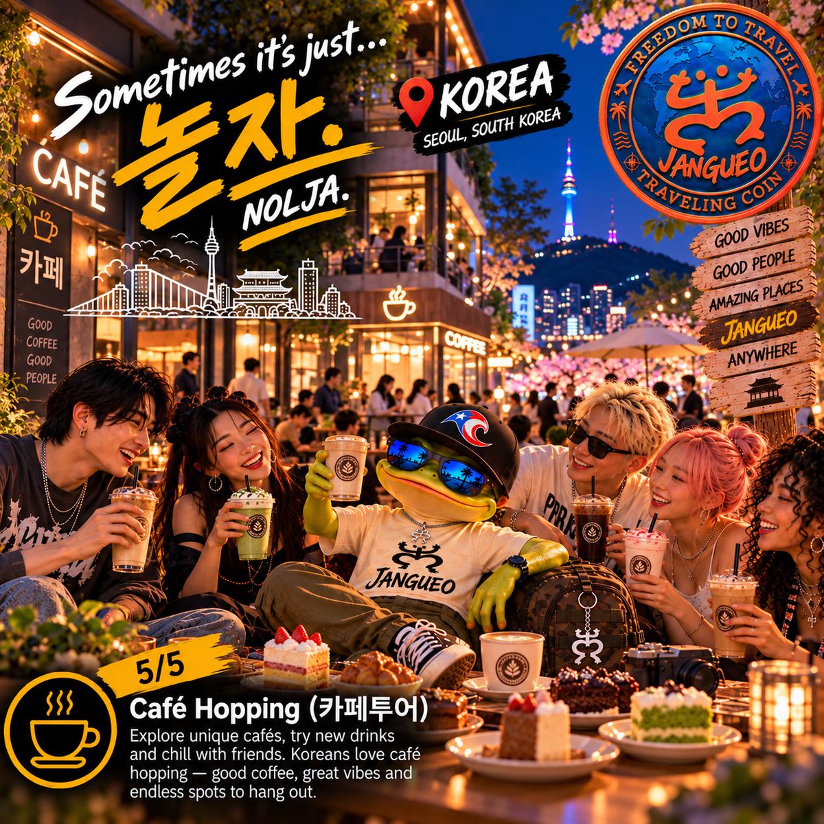 JNGOcoin's tweet photo. 🇰��� COQUI NEXT STOP: KOREA 🐸✈️

This one came from a community request — so Coquí packed the bag and went to see how Korea likes to Jangueo. 🌎

And apparently… they know how to do it. 😎 

5/5 ☕ Café Hopping

Different culture. Different traditions. Same idea: good people, good vibes, good times.

In Korea, sometimes it’s just… 놀자 — NOLJA. 🇰🇷

❤️ Like
🔁 Repost
💬 Where should Coquí travel next? 👀🌍

Complete all 3 for Coquis next destination. 🤜🤛

#Jangueo #Nolja #Korea #Seoul #Travel #TravelCoin #CryptoCommunity #Memecoin #Web3 #AroundTheWorld